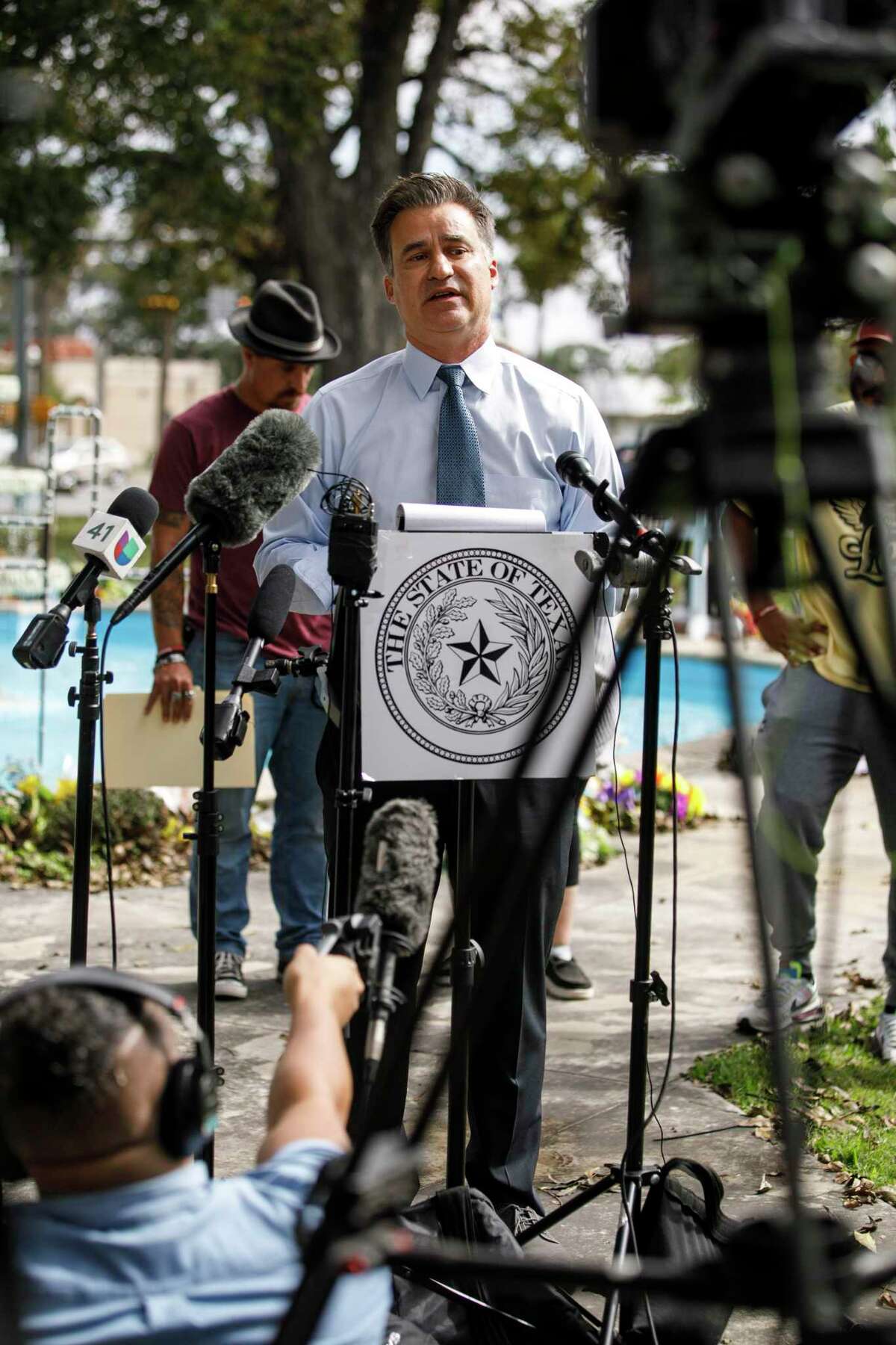Sen. Roland Gutierrez announces his plans to file a bill requiring Texas to create a $300 million fund for the families of the Robb Elementary School massacre victims during a press conference held at the Town Square in Uvalde, Texas, Wednesday, Nov. 2, 2022.
