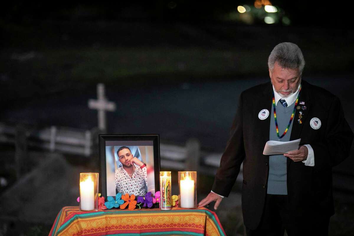 Chaplain Johndavid Griffin of LGBTQ LULAC Council No. 22198 does a reading during a vigil held on Nov. 1 on the South Side for Angel Torrez, a 25-year-old member of San Antonio’s LGBTQ community who was killed in September 2021.