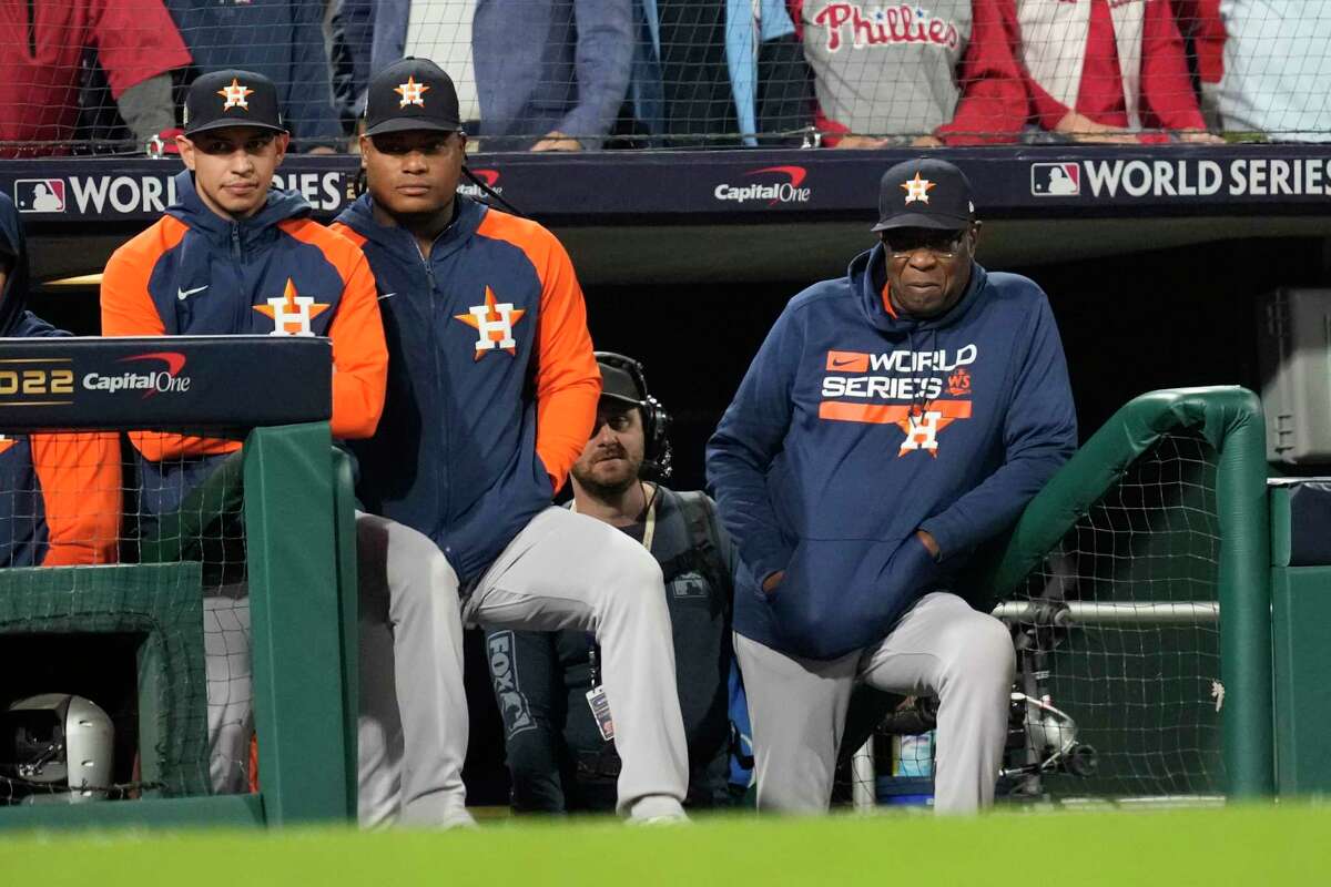 Houston Astros manager Dusty Baker Jr. (12) is seen in the first inning during Game 4 of the World Series at Citizens Bank Park on Wednesday, Nov. 2, 2022, in Philadelphia.