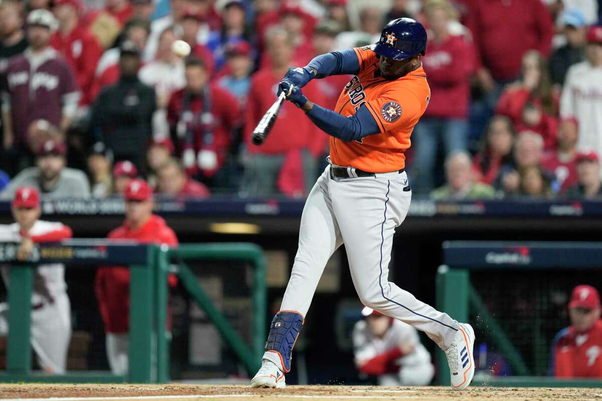 Houston Astros designated hitter Yordan Alvarez (44) hits a pop fly in the third inning during Game 4 of the World Series at Citizens Bank Park on Wednesday, Nov. 2, 2022, in Philadelphia.