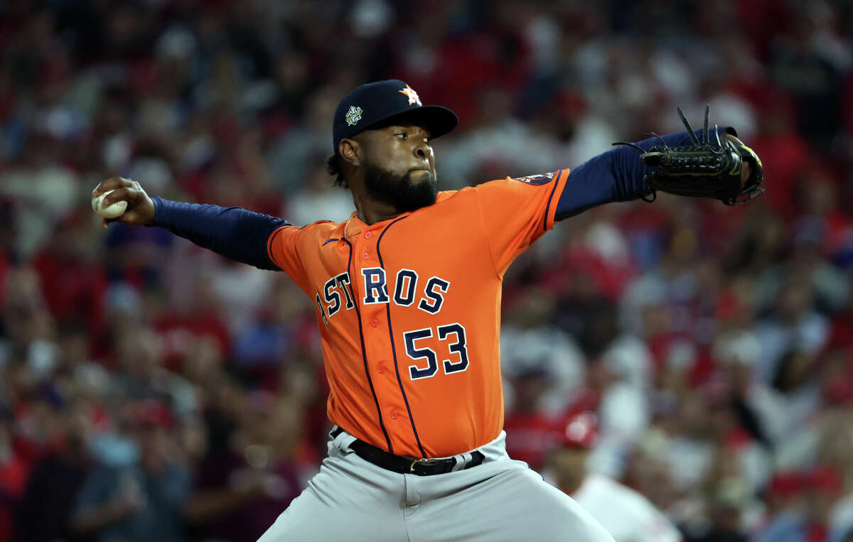 Cristian Javier #53 of the Houston Astros delivers a pitch against the Philadelphia Phillies during the first inning in Game Four of the 2022 World Series at Citizens Bank Park on November 02, 2022 in Philadelphia, Pennsylvania. (Photo by Al Bello/Getty Images)