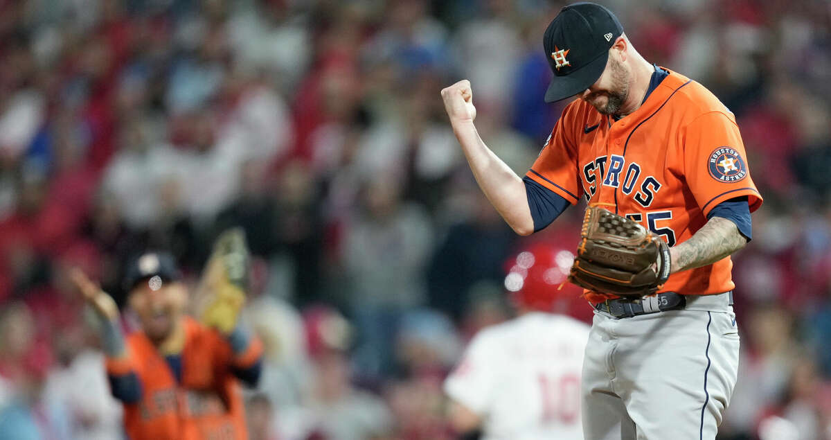 Houston Astros relief pitcher Ryan Pressly (55) reacts after the final out of Game 4 to complete the first combine no-hitter in the World Series at Citizens Bank Park on Wednesday, Nov. 2, 2022, in Philadelphia.