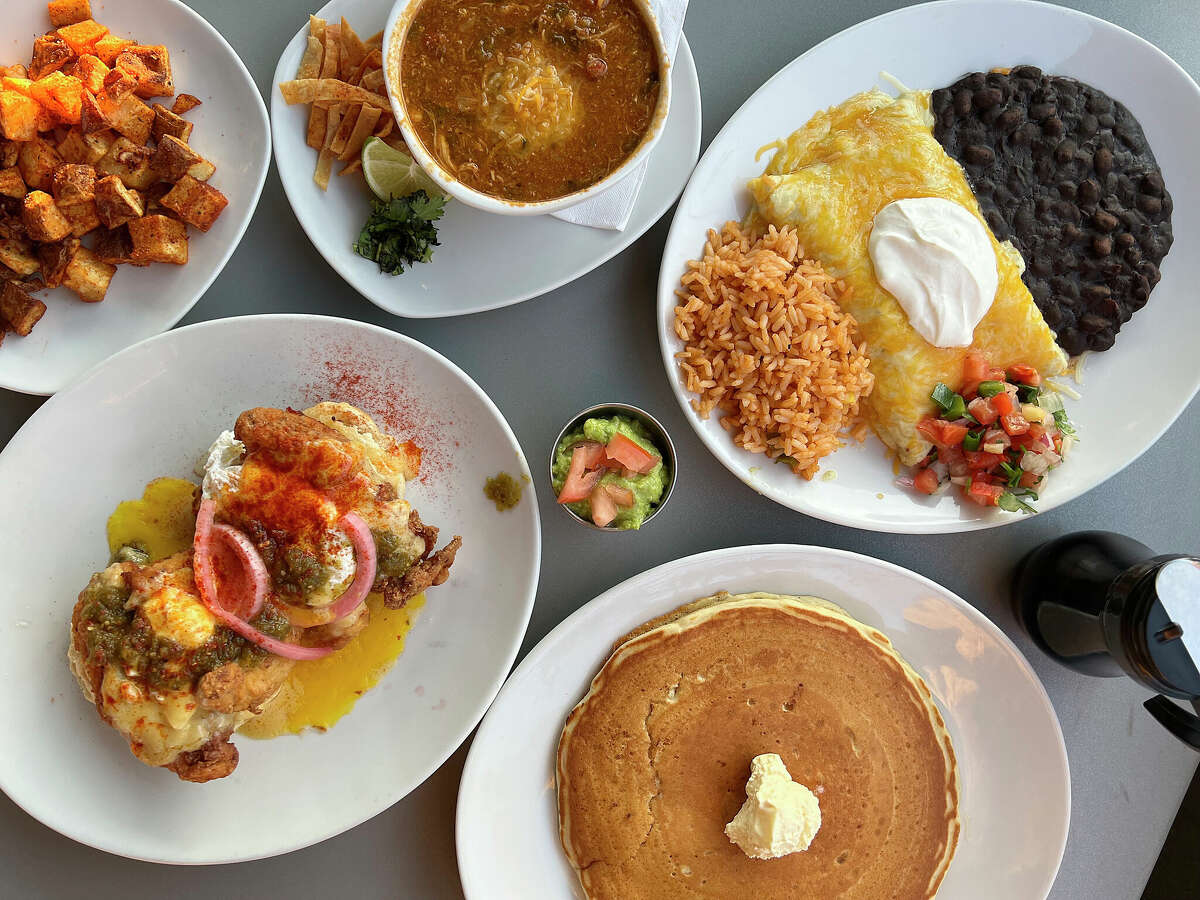 The menu at the Austin-based Kerbey Lane Cafe on San Antonio's Northwest Side includes, clockwise from top left, breakfast potatoes, chicken tortilla soup, David's Enchiladas, buttermilk pancakes and fried chicken Benedict. 