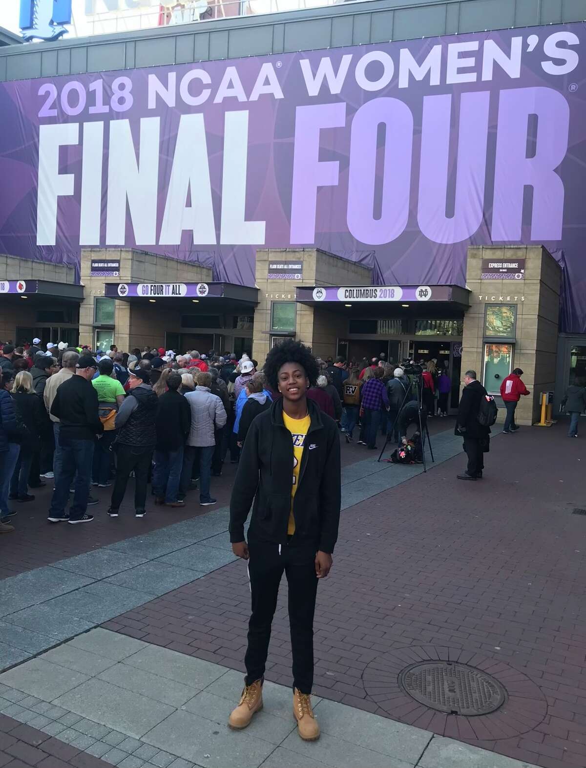 Ayanna Patterson at the 2018 NCAA women's basketball Final Four at at Nationwide Arena in Columbus, Ohio. Notre Dame won its second title by defeating UConn, 91-89, in overtime during the national semifinals.