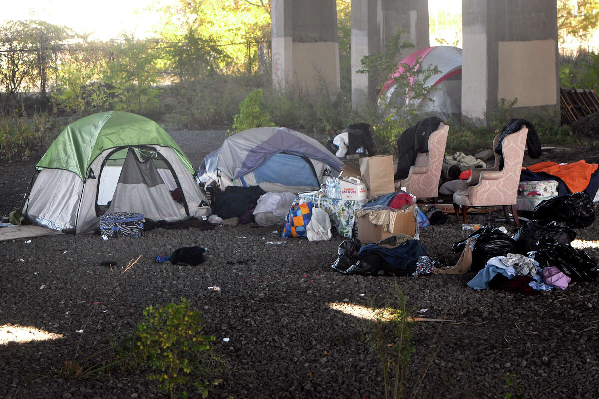 The homeless camp set up under I-95 in Bridgeport, Conn. Nov. 3, 2022.