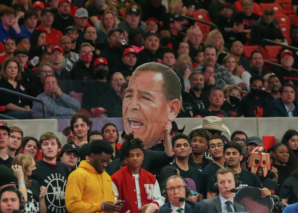 Houston Cougars head coach Kelvin Sampson big head is on display by fans during the college basketball game between the Southern Methodist Mustangs and Houston Cougars on February 27, 2022 at Fertitta Center in Houston.