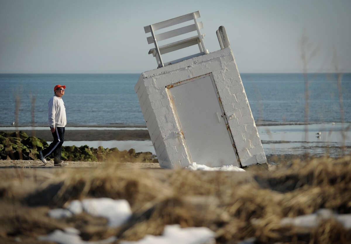 A tilting lifeguard station, part of the extensive damage left by Hurricane Sandy, at Walnut Beach in Milford on Sunday, March 10, 2013.
