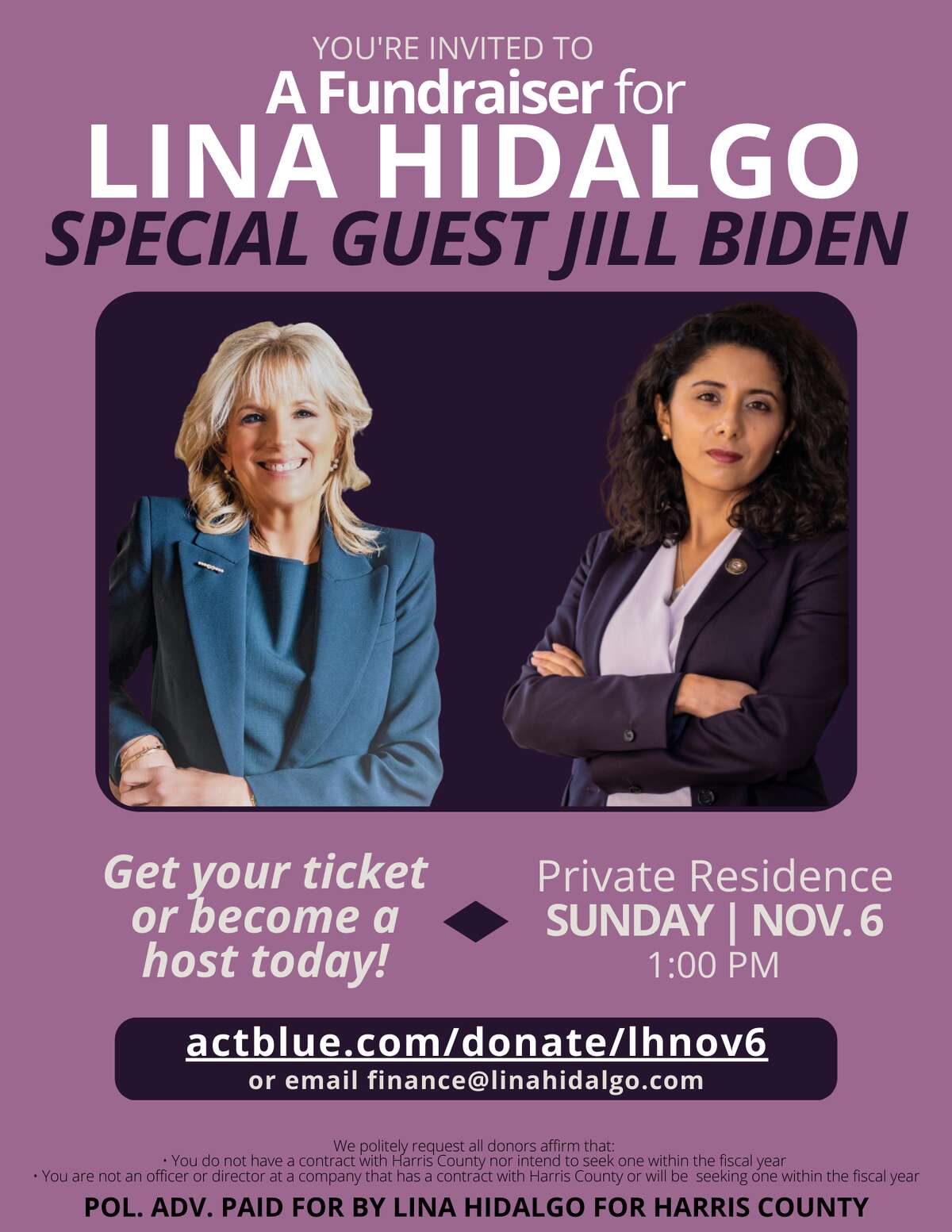 Harris County Judge Lina Hidalgo is holding a campaign fundraiser on Sunday with First Lady Jill Biden.