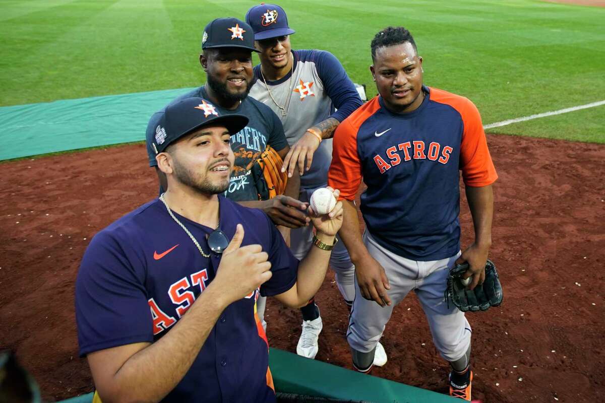 Astros pitchers (from center left) Cristian Javier, Bryan Abreu and Framber Valdez will play for their native Dominican Republic in the World Baseball Classic in the spring
