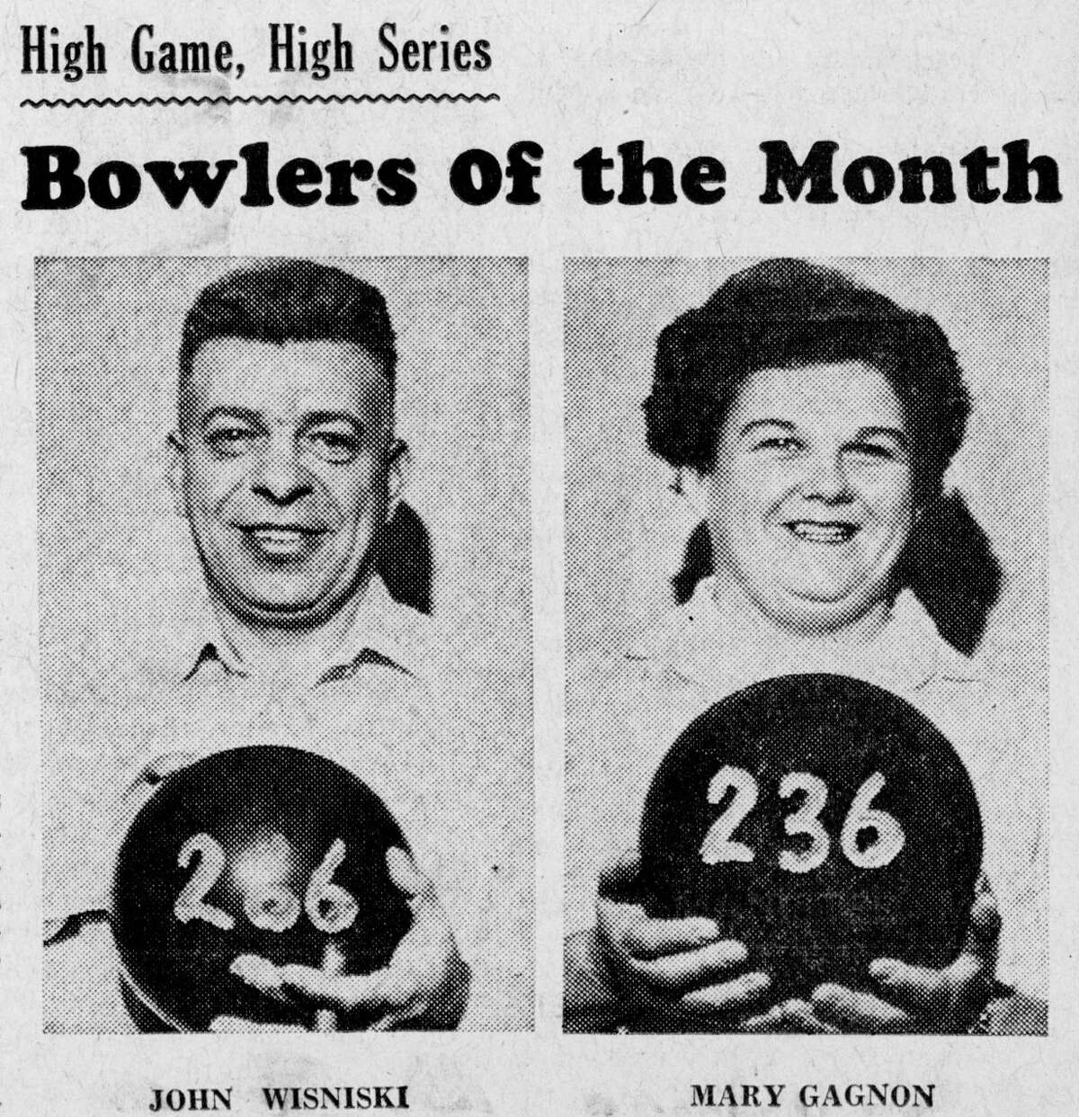 John Wisniski bowled the high single game of October with a high 266 while bowling for the Manistee Welding Team in the commercial league. Mary Gagnon bowled the best single game in the women's league during October with a fine 236 while competing in the Wonder League. The photos were published in the News Advocate on Nov. 7, 1962.