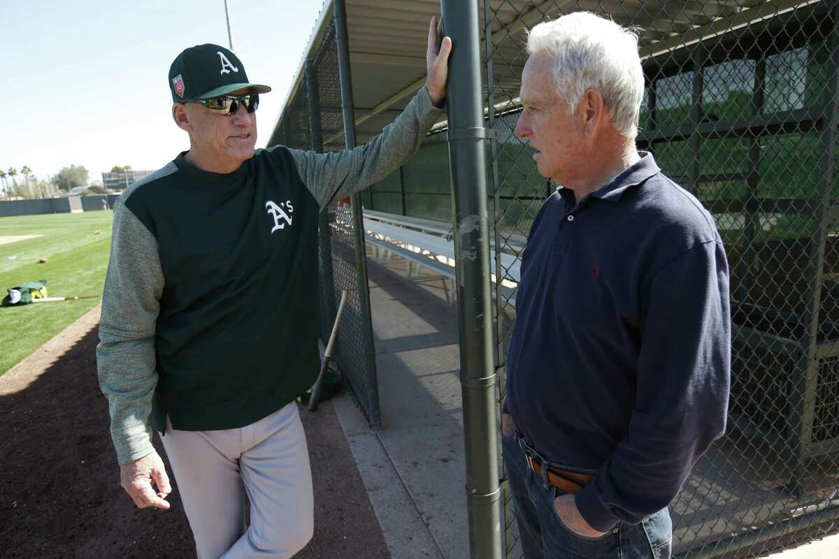MESA, AZ - FEBRUARY 20: Director of Player Development Keith Lieppman of the Oakland Athletics talks with Broadcaster Ken Korach during a spring training workout at Fitch Park on February 20, 2018 in Mesa, Arizona. (Photo by Michael Zagaris/Oakland Athletics/Getty Images)*** Local Caption*** Keith Lieppman;Ken Korach