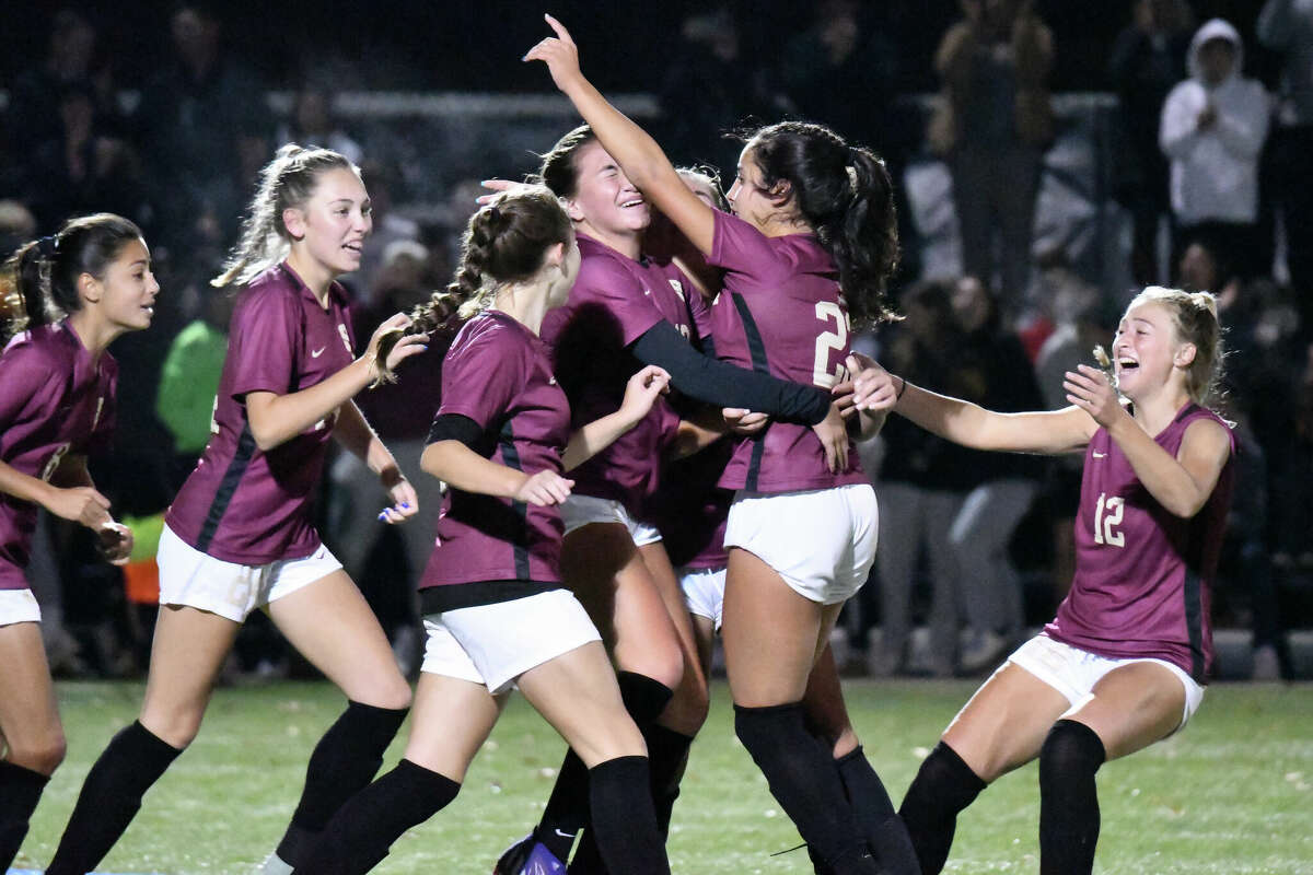 St. Joseph's Alexa Pino celebrates after scoring the first goal of the FCIAC girls soccer championship against Staples at Kristine Lilly Field, Wilton on Thursday, Nov. 3, 2022.