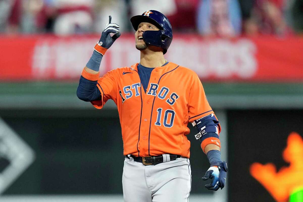 Houston Astros Yuli Gurriel (10) react after hitting a double in the seventh inning during Game 5 of the World Series at Citizens Bank Park on Thursday, Nov. 3, 2022, in Philadelphia.