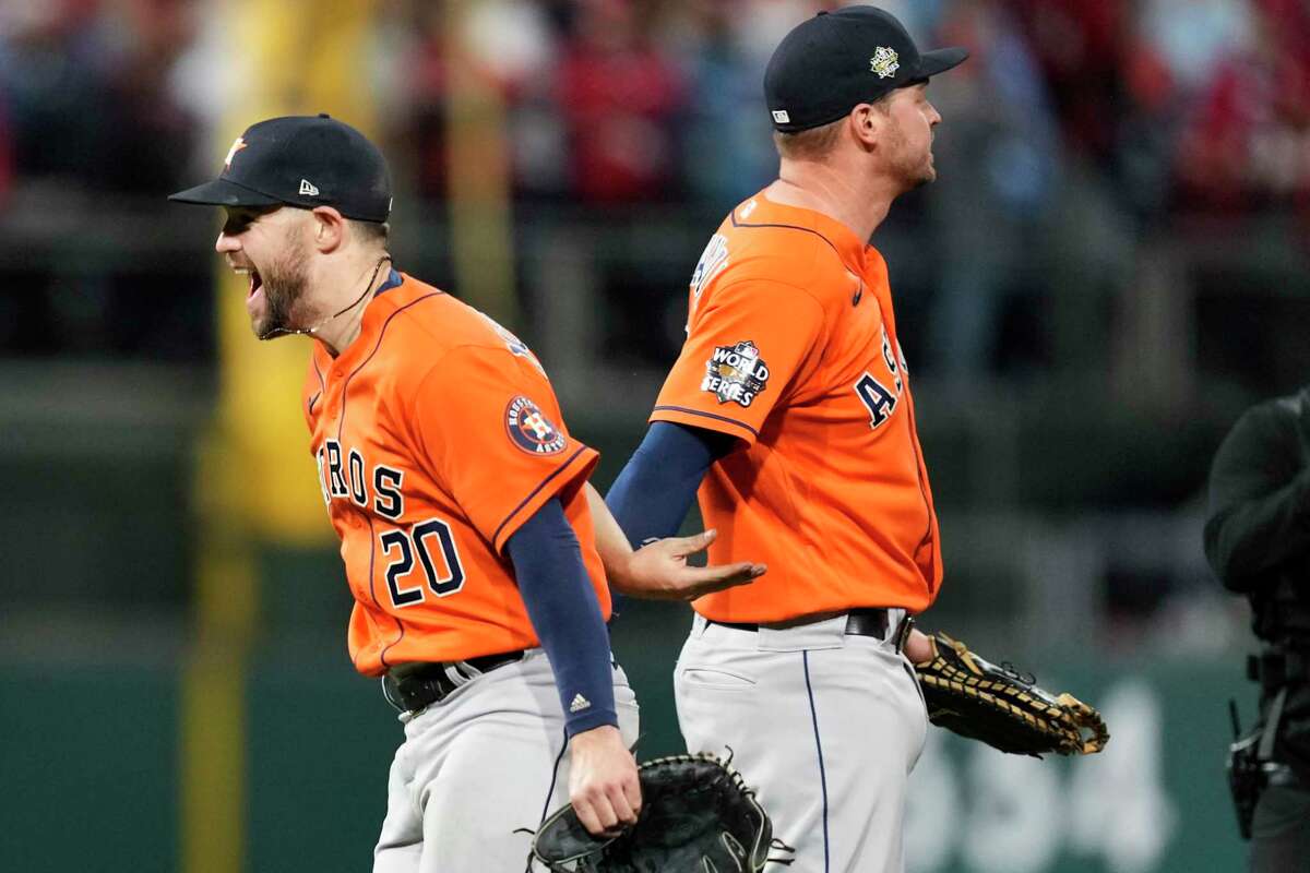 Houston Astros center fielder Chas McCormick can't make the catch
