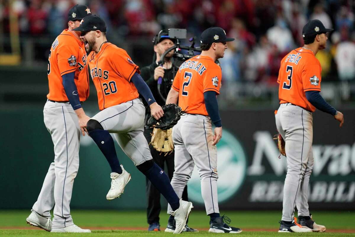 Houston Astros center fielder Chas McCormick (20) celebrates after the final out of the team’s 3-2 win in Game 5 of the World Series at Citizens Bank Park on Thursday, Nov. 3, 2022, in Philadelphia.