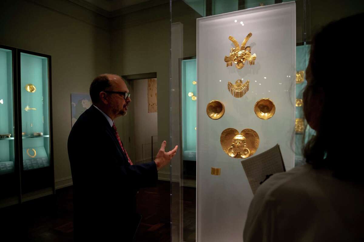 Rex Koontz, Consulting Curator of Ancient American Art, leads a tour of the new exhibition “Golden Worlds: The Portable Universe of Indigenous Colombia” for journalists at The Museum of Fine Arts, Houston on Thursday, November 3, 2022 in Houston, Texas. (Meridith Kohut / For the Houston Chronicle)