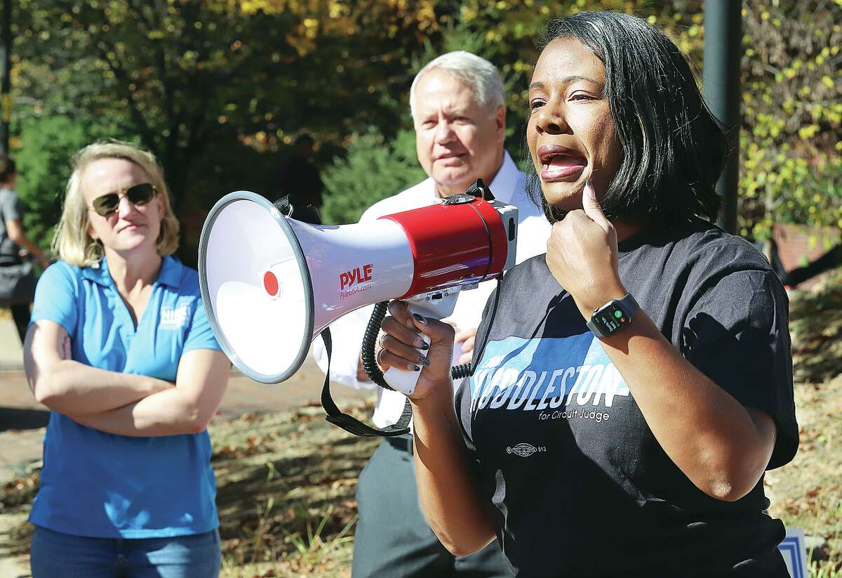 John Badman|The Telegraph Ebony Huddleston, a candidate for circuit judge in Madison County, talks Thursday at a vote rally on the campus of SIUE. Huddleston stressed, among other things, that people should not be afraid of the court system.