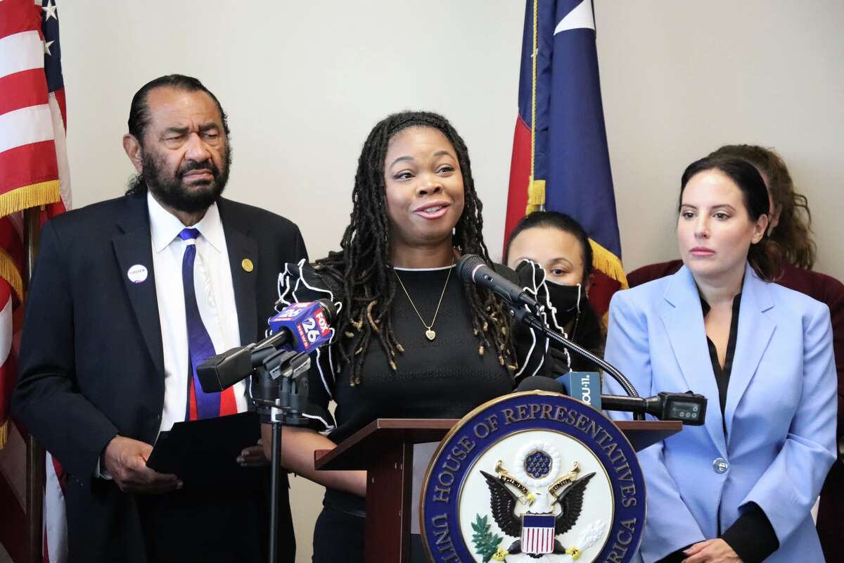 U.S. Rep. Al Green, joins Quin Levy, founder of M. Ariel Love Foundation, and  Jacquelyn Aluotto, activist and anti-trafficking advocate, at a press conference highlighting help available to victims of domestic violence.