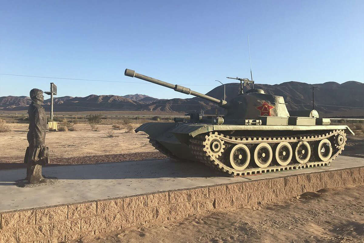 Sculpture of Tank Man at Tiananmen Square located at EddieWorld in Yermo, CA.