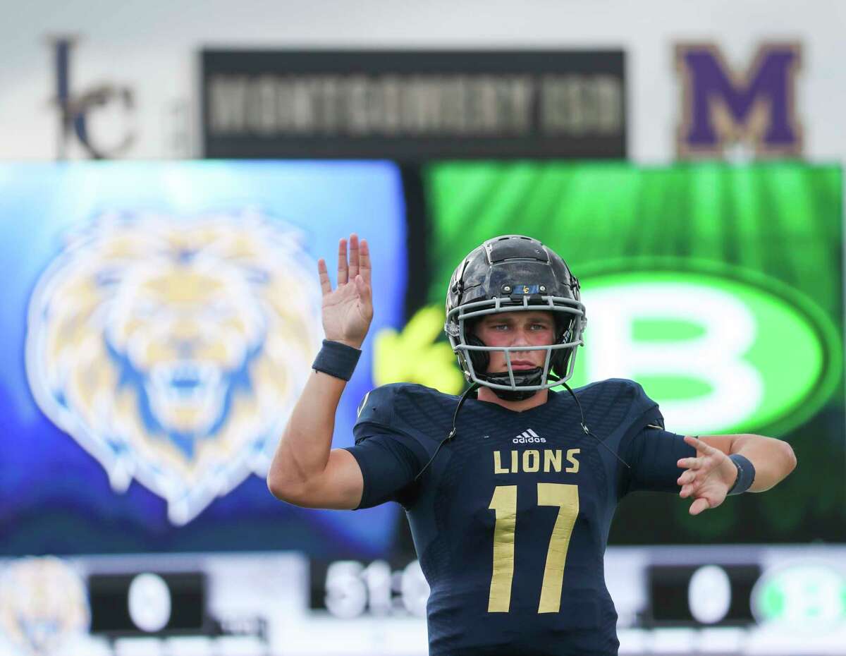 Lake Creek quarterback Cade Tessier (17) warms up before a District 10-5A (Div. II) high school football game at Montgomery ISD Stadium, Friday, Nov. 4, 2022, in Montgomery.