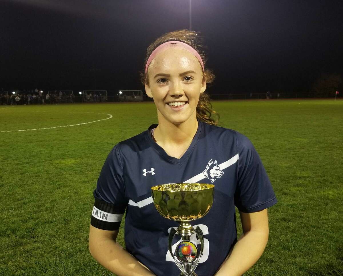 Morgan's Katelyn Martin scored a goal during the Huskies' 2-0 win over Old Saybrook to win their second straight Shoreline Conference title at Portland High School Nov. 4, 2022.
