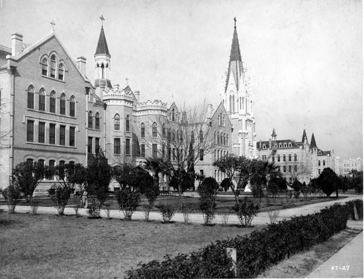 Our Lady of the Lake College, founded by the Sisters of Divine Providence, is shown here in 1927. Looking northwest, the buildings from left are the convent, chapel, Main Building and Providence Hall. As its name indicates, the school was sited to take advantage of a view of Elmendorf Lake.