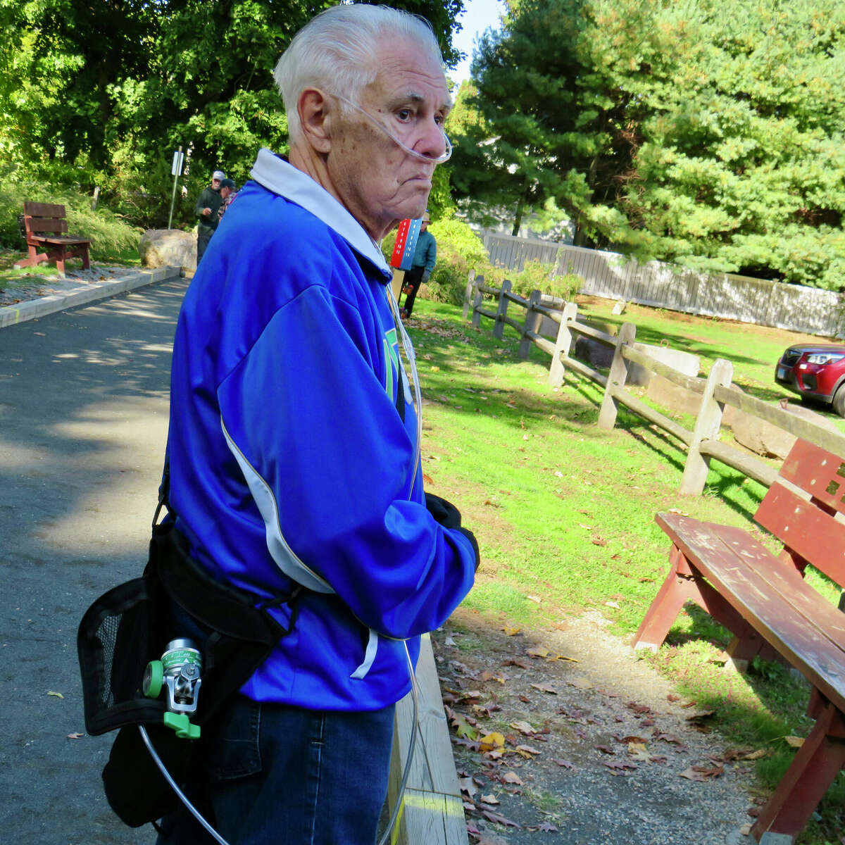 Michael Imperati, 87, with oxygen tank at recent bocce competition at Parker Memorial Park in Branford.
