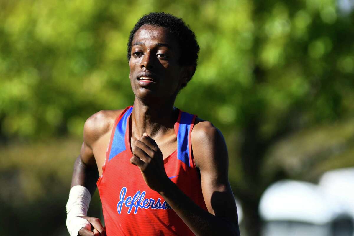 Jefferson’s Henok Hayele runs in the UIL 5A boys State Championship cross country meet on Saturday, Nov. 5, 2022 at Old Settler’s park in Round Rock.