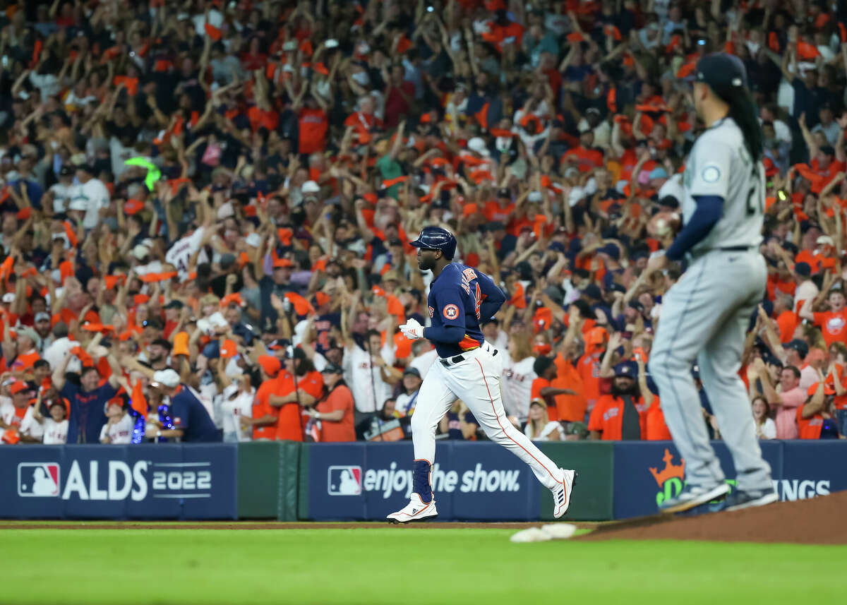 Houston Astros left fielder Yordan Alvarez (44) rounds the bases after hitting a two-run home run in the bottom of the sixth inning during the MLB ALDS Game 2 between the Seattle Mariners and Houston Astros on October 13, 2022 at Minute Maid Park in Houston.