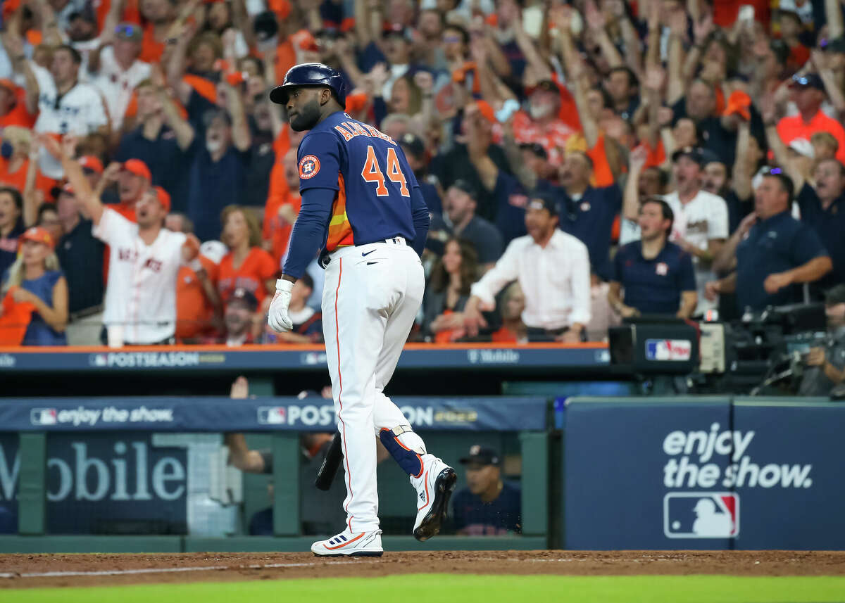 Houston Astros left fielder Yordan Alvarez (44) watches his hit become a two-run home run in the bottom of the sixth inning during the MLB ALDS Game 2 between the Seattle Mariners and Houston Astros on October 13, 2022 at Minute Maid Park in Houston.