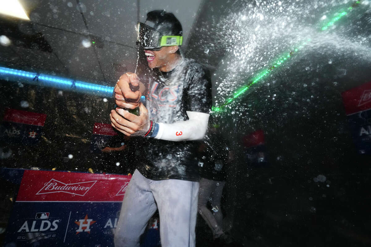 Jeremy Pena of the Houston Astros celebrates after the game between the Houston Astros and the Seattle Mariners at T-Mobile Park on Saturday, October 15, 2022 in Seattle, Washington.