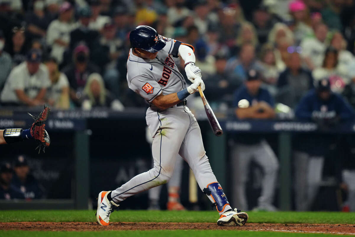Jeremy Pena #3 of the Houston Astros hits a solo home run in the 18th inning during the game between the Houston Astros and the Seattle Mariners at T-Mobile Park on Saturday, October 15, 2022 in Seattle, Washington.