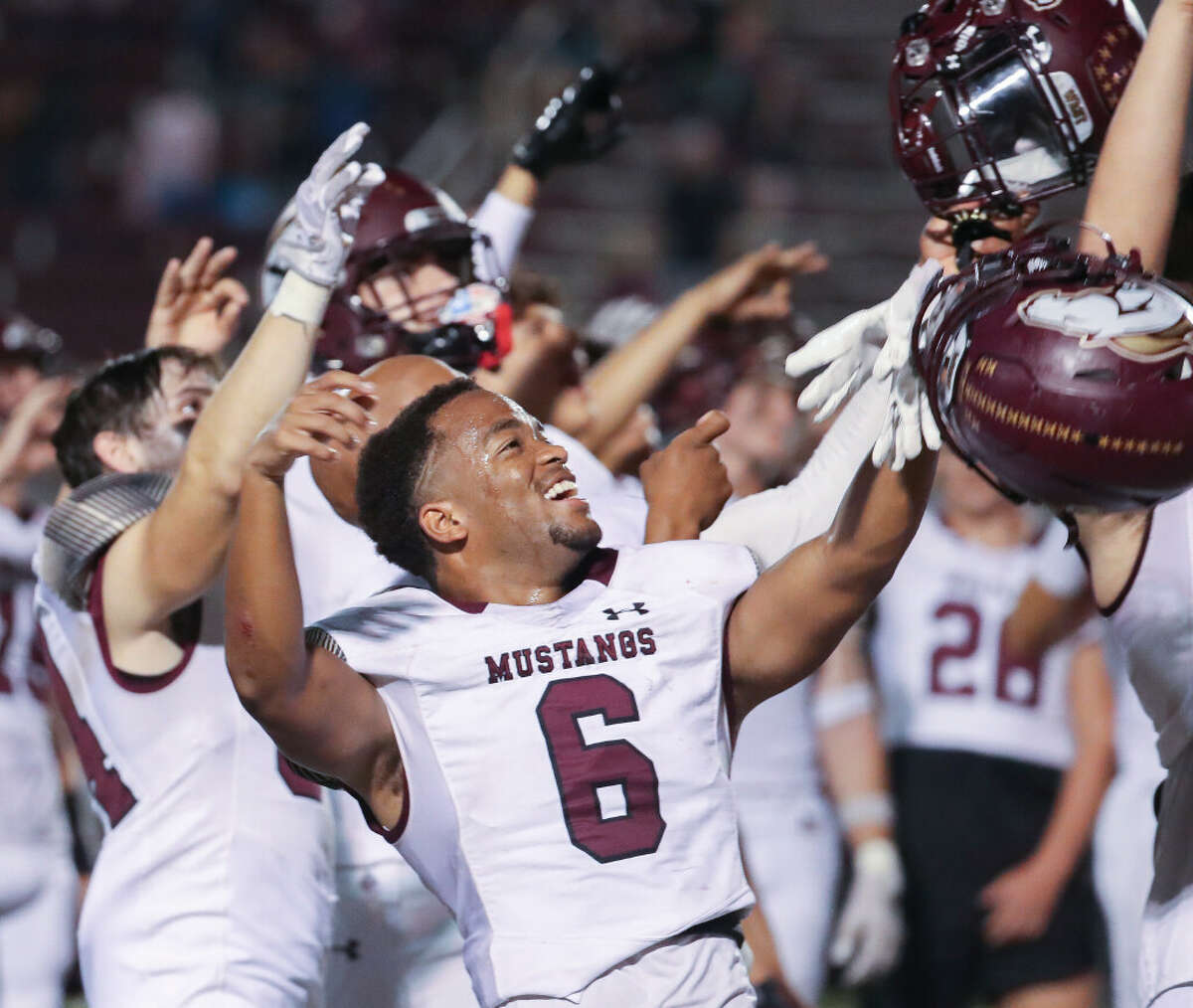 Magnolia West wide defensive back Lance Thomas (6) celebrates after defeating rival Magnolia 26-21 during a District 10-5A (Div. I) high school football game at Bulldog Stadium, Friday, Oct. 7, 2022, in Magnolia.