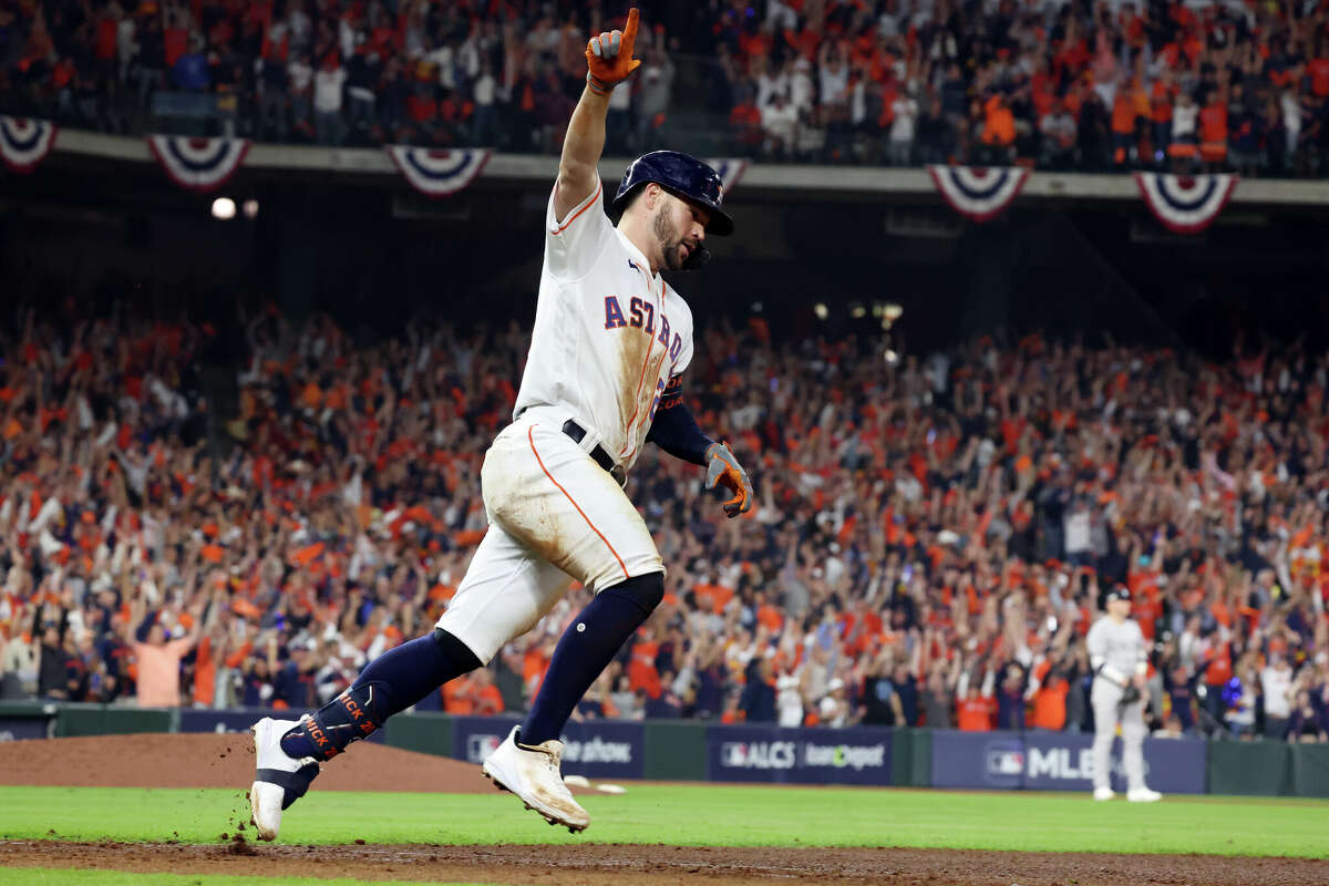 Chas McCormick #20 of the Houston Astros rounds the bases after hitting a solo home run in the sixth inning during Game 1 of the ALCS between the New York Yankees and the Houston Astros at Minute Maid Park on Wednesday, October 19, 2022 in Houston.