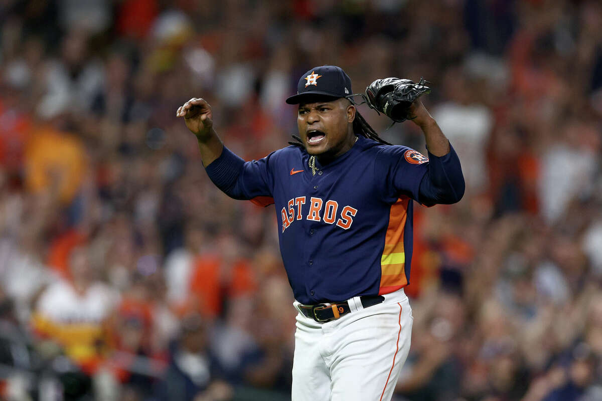 Framber Valdez #59 of the Houston Astros reacts after the final out was recorded against the New York Yankees during the sixth inning in game two of the American League Championship Series at Minute Maid Park on October 20, 2022 in Houston.