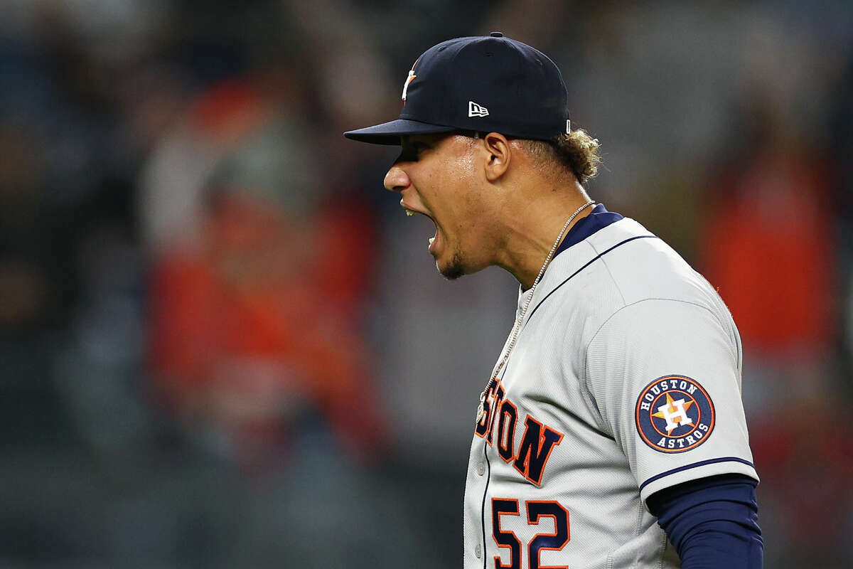 Bryan Abreu #52 of the Houston Astros reacts after the final out was recorded in the 5-0 victory against the New York Yankees in game three of the American League Championship Series at Yankee Stadium on October 22, 2022 in New York City.