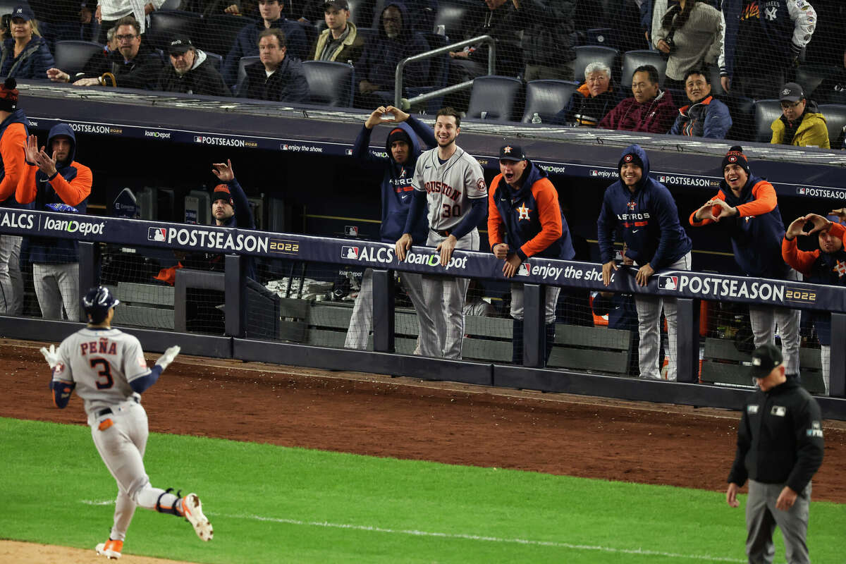 Jeremy Pena #3 of the Houston Astros celebrates with the bench after his three-run home run in the third inning against the New York Yankees in game four of the American League Championship Series at Yankee Stadium on October 23, 2022 in the Bronx borough of New York City.
