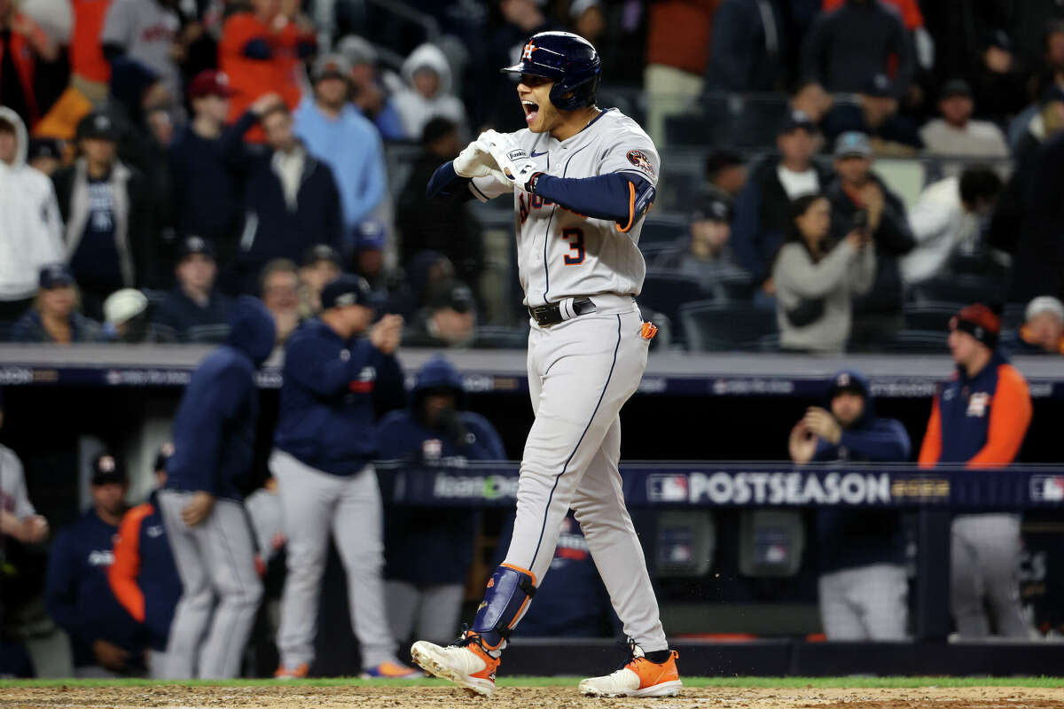 Jeremy Pena #3 of the Houston Astros reacts after hitting a three-run home run in the third inning during Game 4 of the ALCS between the Houston Astros and the New York Yankees at Yankee Stadium on Sunday, October 23, 2022 in New York, New York.