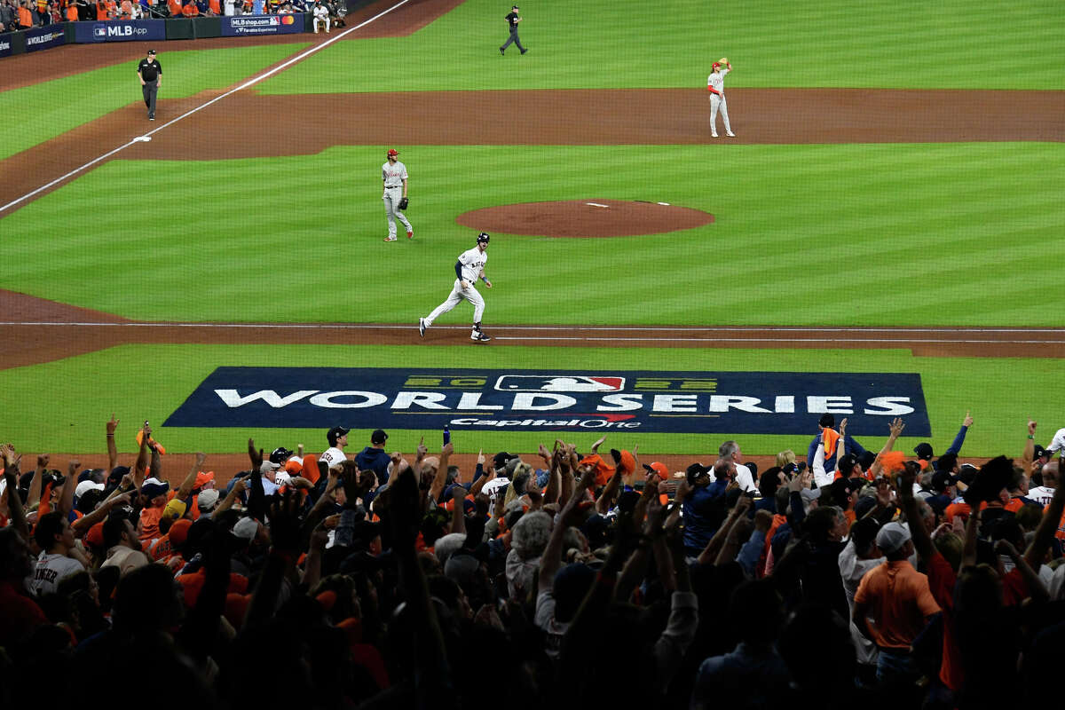 Kyle Tucker #30 of the Houston Astros hits a home run in the second inning during Game 1 of the 2022 World Series between the Philadelphia Phillies and the Houston Astros at Minute Maid Park on Friday, October 28, 2022 in Houston.