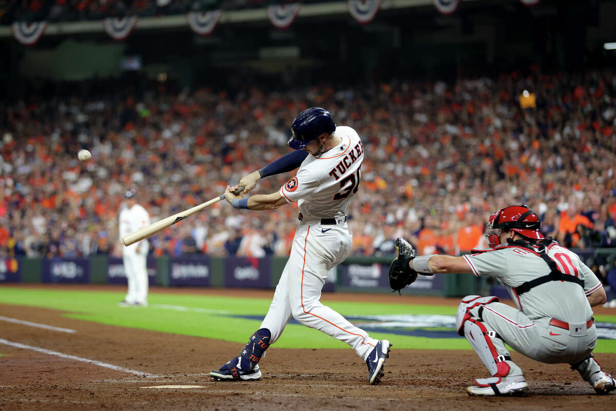 Kyle Tucker #30 of the Houston Astros hits a home run in the third inning against the Philadelphia Phillies in Game One of the 2022 World Series at Minute Maid Park on October 28, 2022 in Houston.