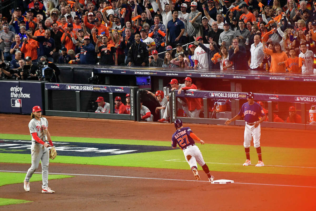Jose Altuve #27 of the Houston Astros rounds third base in the first inning during Game 2 of the 2022 World Series between the Philadelphia Phillies and the Houston Astros at Minute Maid Park on Saturday, October 29, 2022 in Houston.