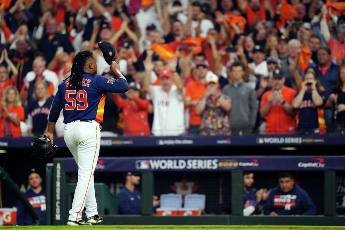 Framber Valdez #59 of the Houston Astros acknowledges the crowed as he walks back to the dugout during a pitching change in the seventh inning during Game 2 of the 2022 World Series between the Philadelphia Phillies and the Houston Astros at Minute Maid Park on Saturday, October 29, 2022 in Houston.