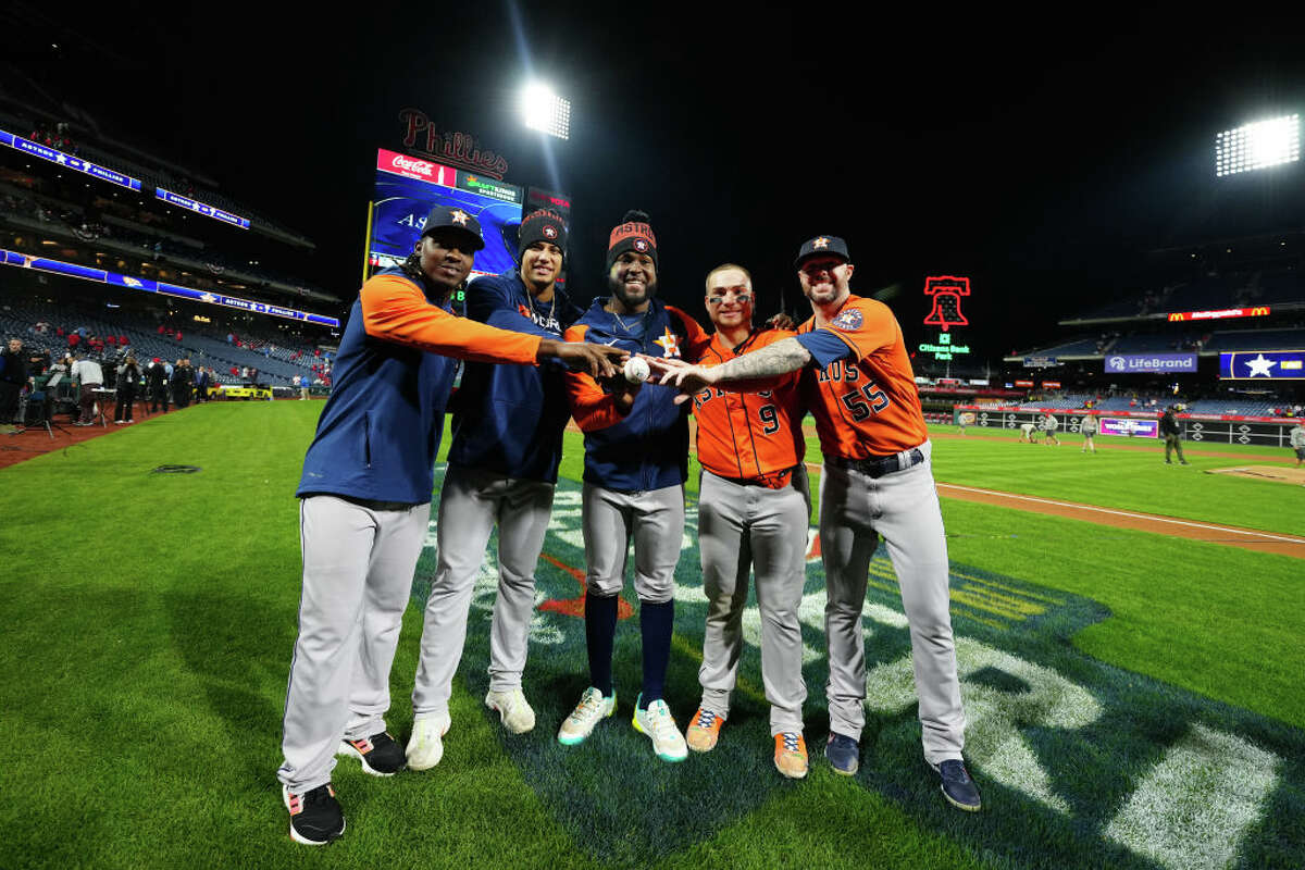 Rafael Montero #47, Bryan Abreu #52, Cristian Javier #53, Christian VÃ¡zquez #9 and Ryan Pressly #55 of the Houston Astros pose for a photo after their combined no-hitter against the Phillies in Game 4 of the 2022 World Series between the Houston Astros and the Philadelphia Phillies at Citizens Bank Park on Wednesday, November 2, 2022 in Philadelphia, Pennsylvania.