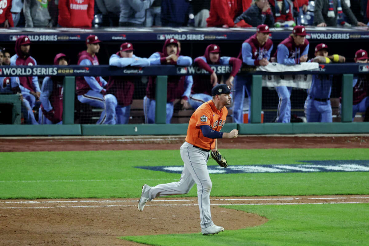 Trey Mancini #26 of the Houston Astros celebrates after defeating the Philadelphia Phillies 3-2 in Game Five of the 2022 World Series at Citizens Bank Park on November 03, 2022 in Philadelphia, Pennsylvania.
