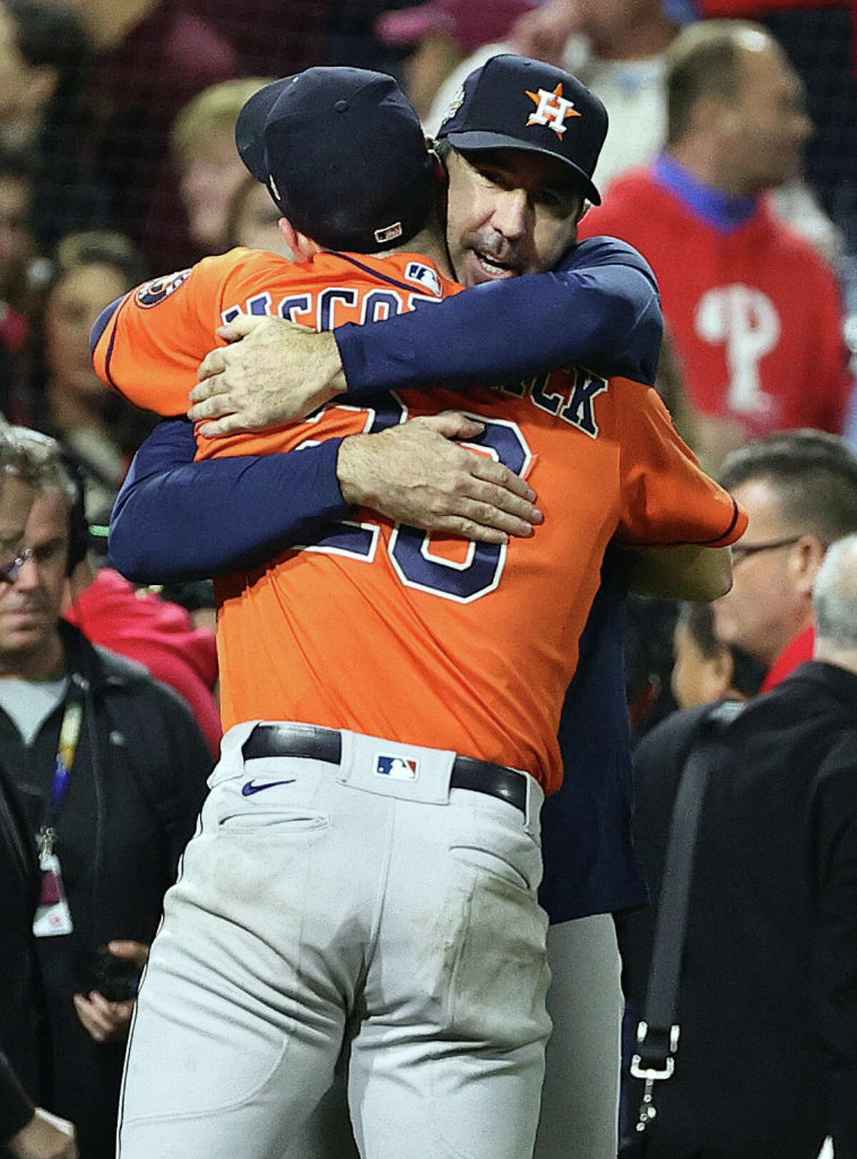 Chas McCormick #20 and Justin Verlander #35 of the Houston Astros celebrate after defeating the Philadelphia Phillies 3-2 in Game Five of the 2022 World Series at Citizens Bank Park on November 03, 2022 in Philadelphia, Pennsylvania.