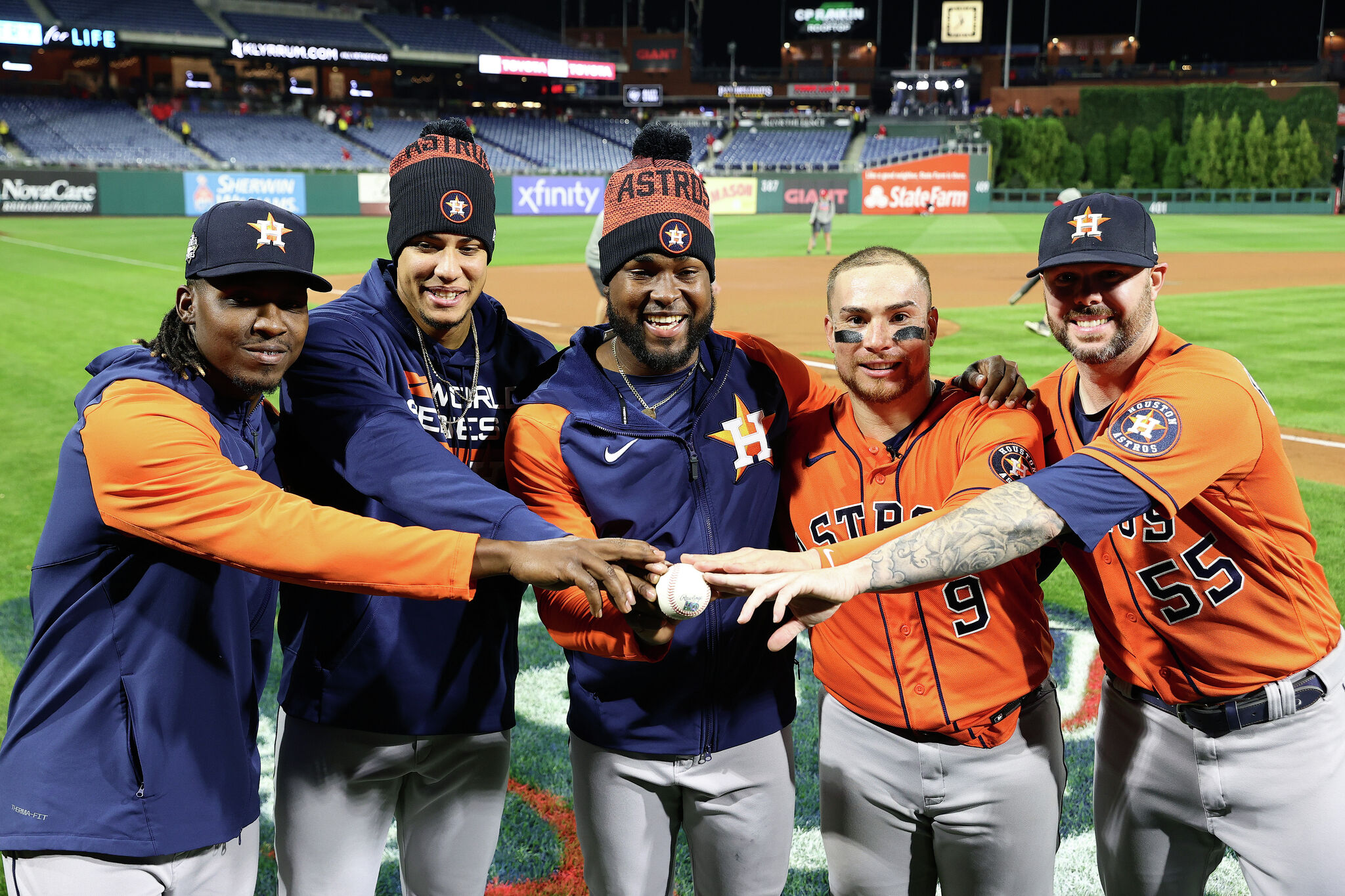 Jeremy Pena of the Houston Astros lifts the commissioner's trophy News  Photo - Getty Images