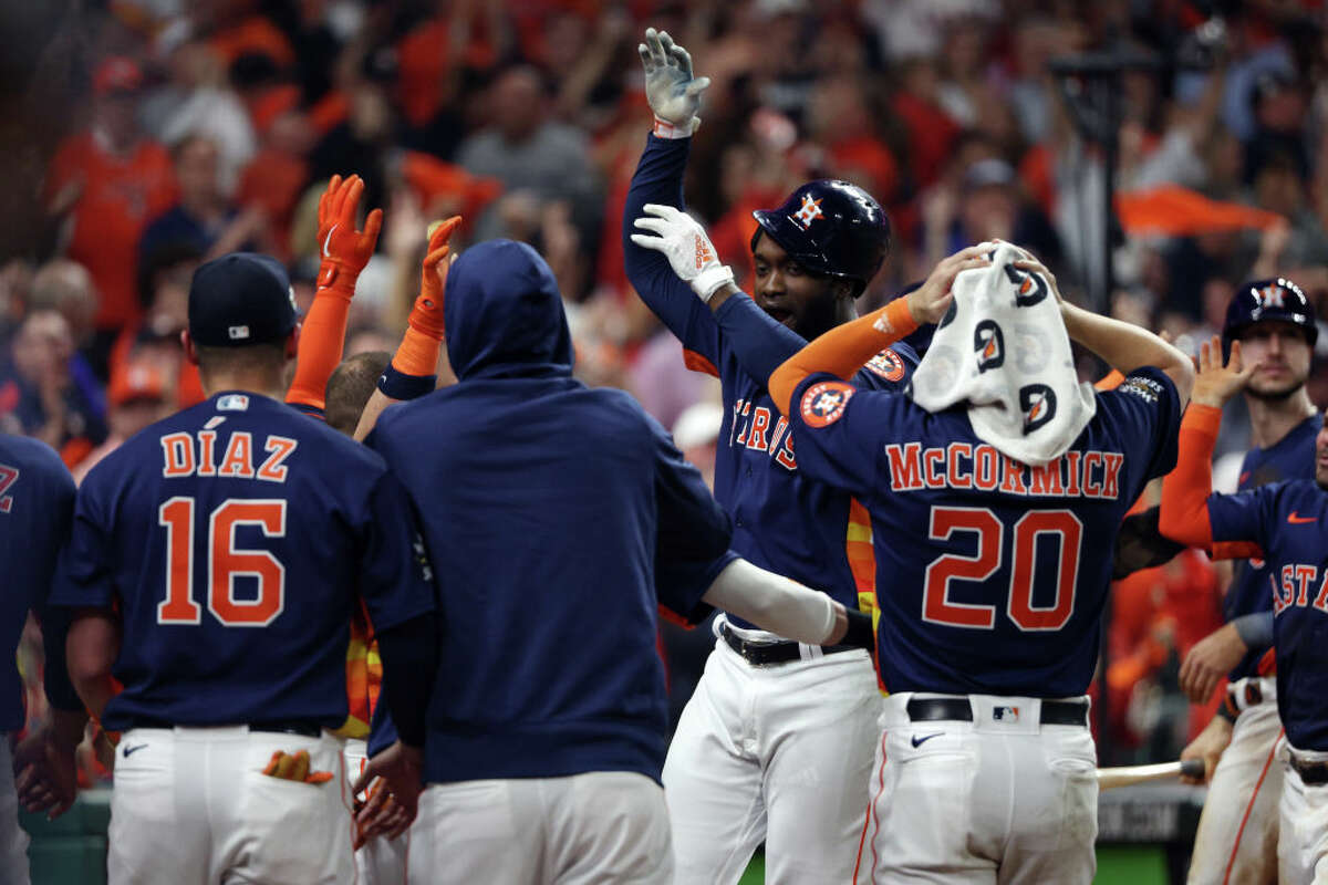 Yordan Alvarez #44 of the Houston Astros celebrates with teammates after hitting a three-run home run against the Philadelphia Phillies during the sixth inning in Game Six of the 2022 World Series at Minute Maid Park on November 05, 2022 in Houston.