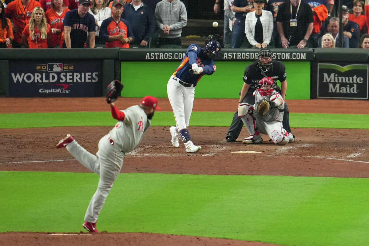 Yordan Alvarez #44 of the Houston Astros hits a three run home run in the sixth inning during Game 6 of the 2022 World Series between the Philadelphia Phillies and the Houston Astros at Minute Maid Park on Saturday, November 5, 2022 in Houston.