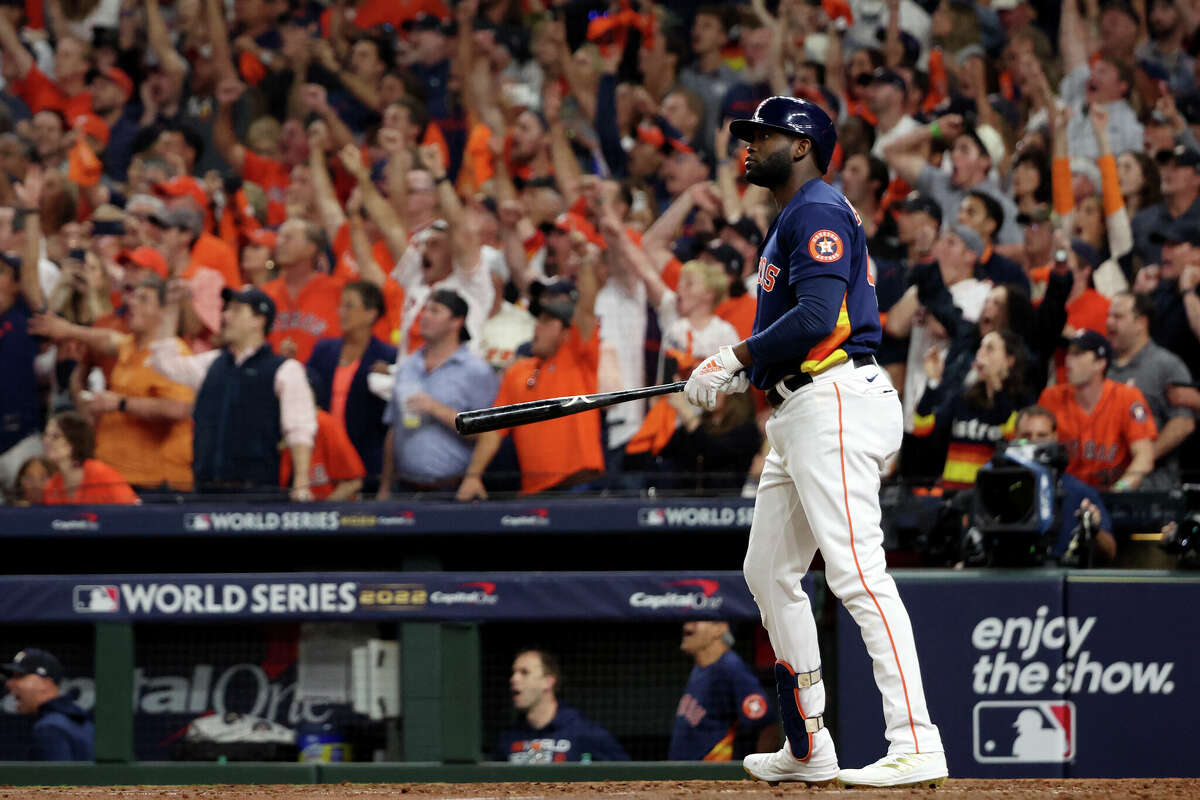 Yordan Alvarez #44 of the Houston Astros hits a three-run home run in the sixth inning during Game 6 of the 2022 World Series between the Philadelphia Phillies and the Houston Astros at Minute Maid Park on Saturday, November 5, 2022 in Houston.