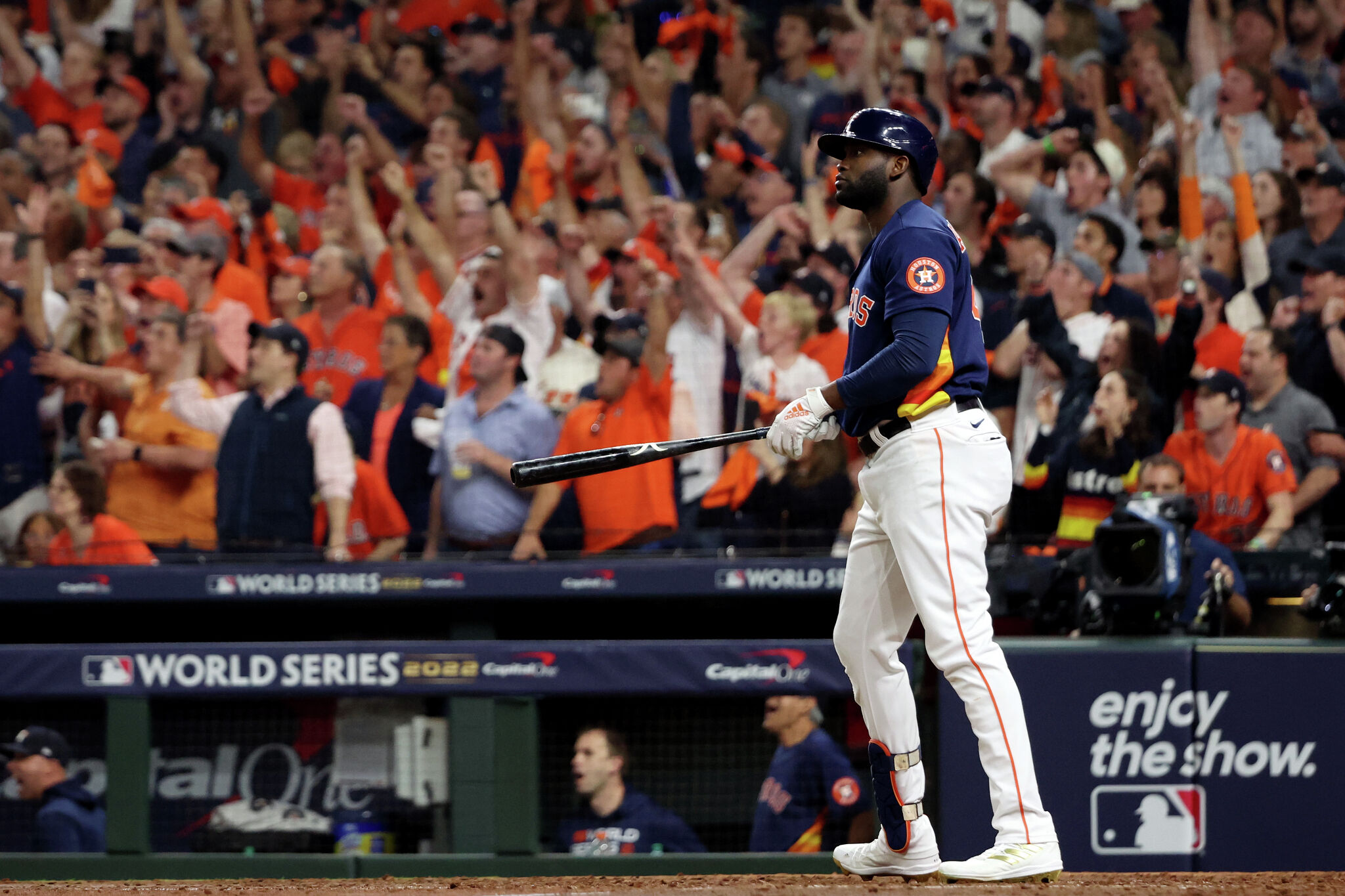 Yordan Alvarez of the Houston Astros celebrates in the dugout after News  Photo - Getty Images